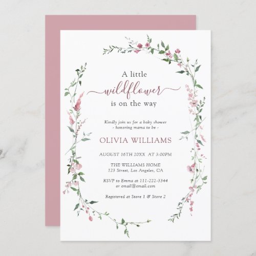 Little Wildflower Dusty Rose Pink Girl Baby Shower Invitation