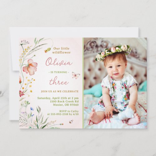 Little Wildflower Floral Baby Girl Birthday Photo Invitation