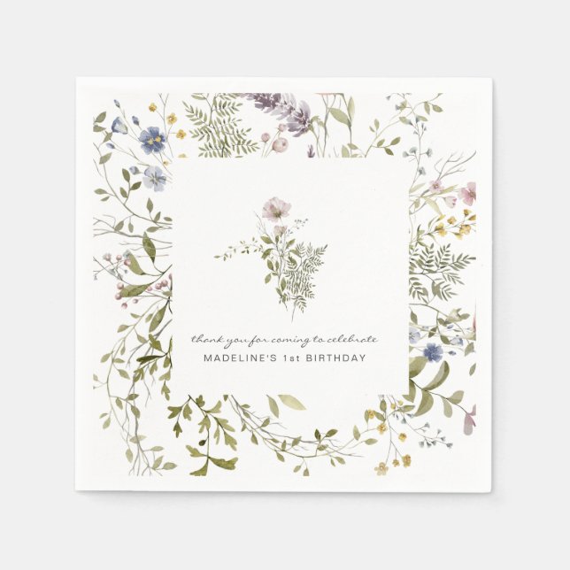 Little Wildflower | Floral Birthday Party Napkins (Front)