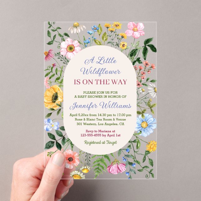 little wildflower, floral colorful baby shower acrylic invitations (Insitu (Handheld))