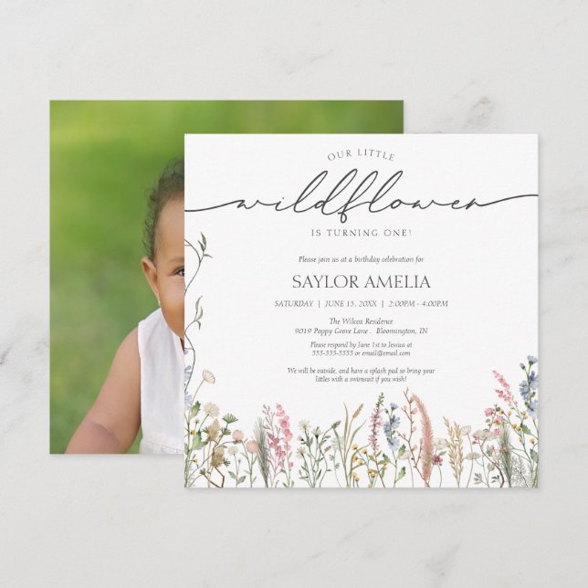 Little Wildflower Floral First Birthday Photo Invitation (Front/Back)