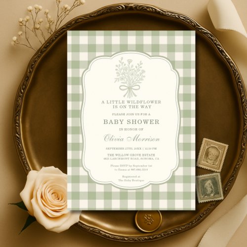 Little Wildflower Floral Gingham Baby Shower Invitation