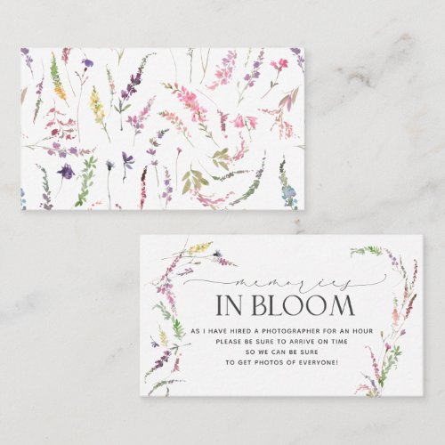 Little Wildflower Floral Memories In Bloom Business Card - Designed to coordinate with our Little Wildflower Pastel Floral Baby Shower Collection, this sweet Memories In Bloon enclosurencard features watercolor floral design elements, and delicate hand lettered modern calligraphy. The back of the card features a matching floral pattern. Contact designer for matching products. View collection here: https://www.zazzle.com/collections/little_wildflower_baby_shower_collection-119673391720849144  Copyright Elegant Invites, all rights reserved.