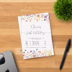 Little Wildflower Floral Wreath Photo 1st Birthday Acrylic Invitations