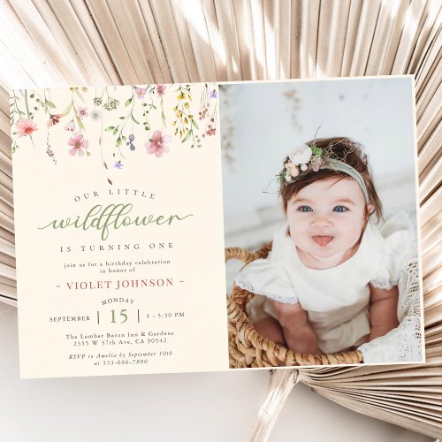 Little Wildflower Flower 1st Birthday Photo Invitation