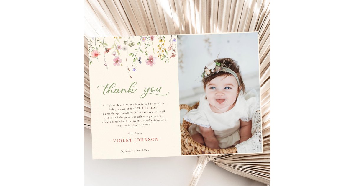 Little Wildflower Flower 1st Birthday Photo Thank You Card | Zazzle