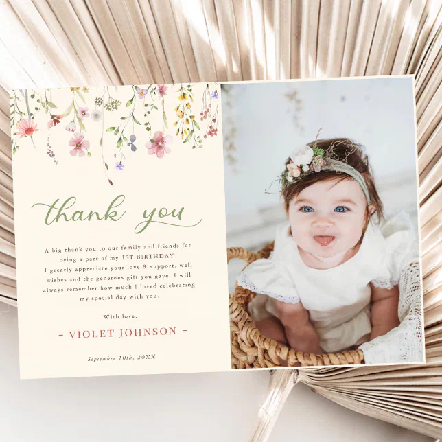 Little Wildflower Flower 1st Birthday Photo Thank You Card | Zazzle