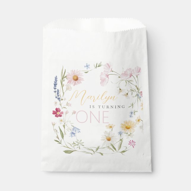 Little Wildflower Girl Turning one Birthday Favor Bag (Front)