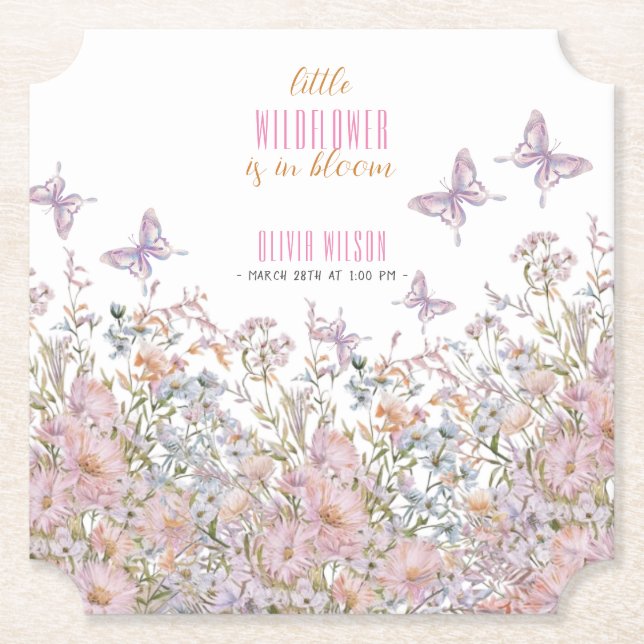Little wildflower is in bloom baby shower paper coaster (Front)