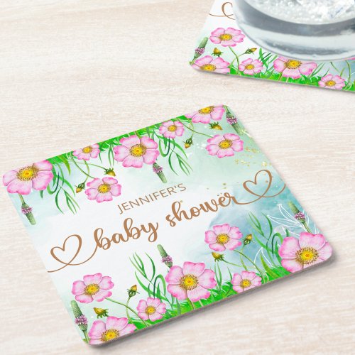 Little Wildflower Is On The Way Baby Shower Square Paper Coaster