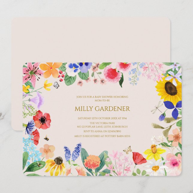 Little wildflower mama to Bee Baby Shower Invitation (Front/Back)