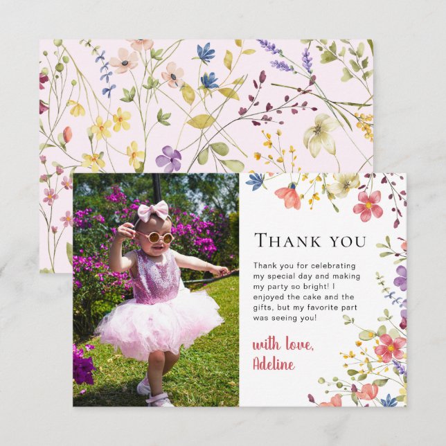 Little Wildflower Modern 1st Birthday Kids Party Thank You Card (Front/Back)