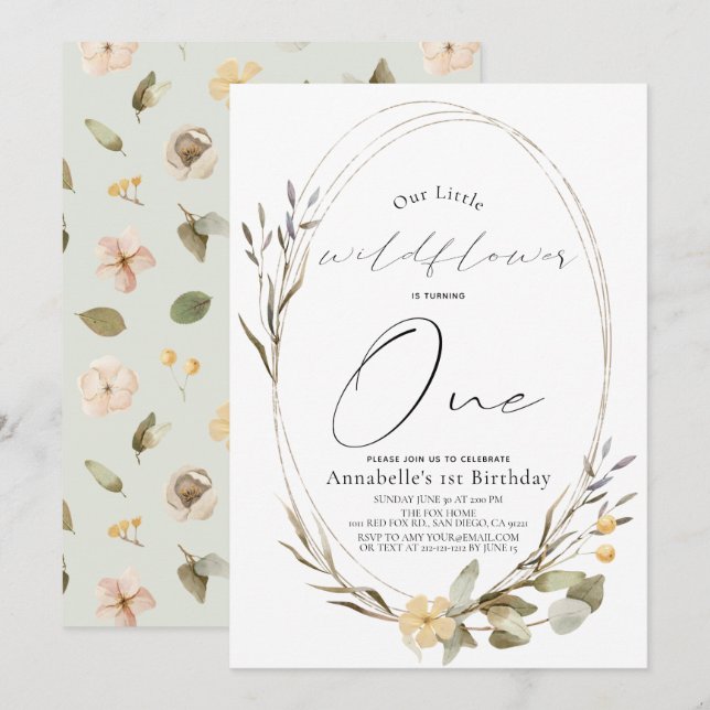 Little Wildflower Oval Girl 1st Birthday Invitation (Front/Back)
