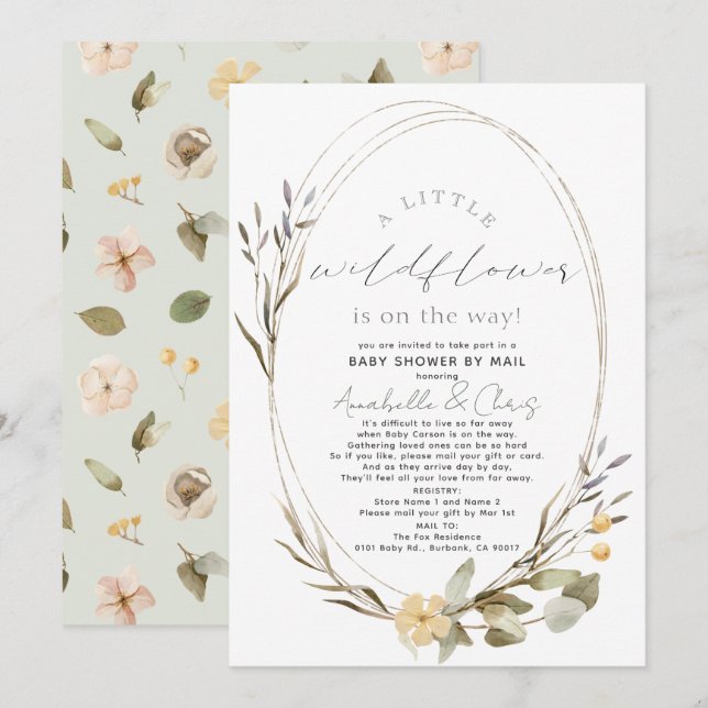 Little Wildflower Oval Girl Baby Shower by Mail Invitation (Front/Back)