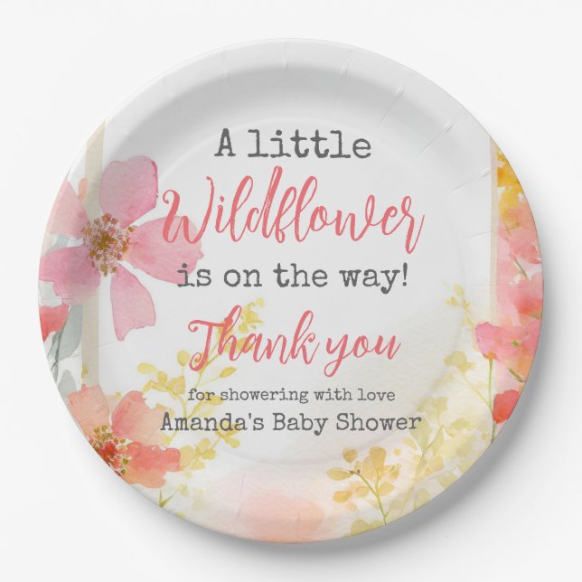 Little Wildflower Peach Flower Floral Baby Shower  Paper Plates (Front)