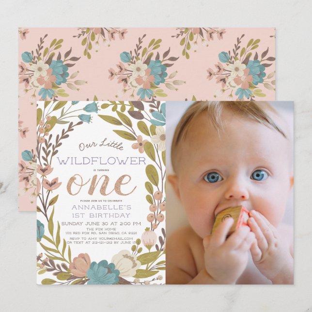 Little Wildflower Photo 1st Birthday Invitation (Front/Back)