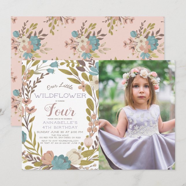 Little Wildflower Photo Birthday Invitation (Front/Back)