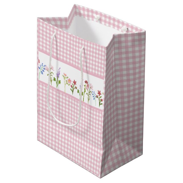 Little Wildflower Pink Gingham Check Gift Bag (Front Angled)
