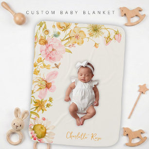 Little Wildflower Pink Gold Baby Shower Blanket