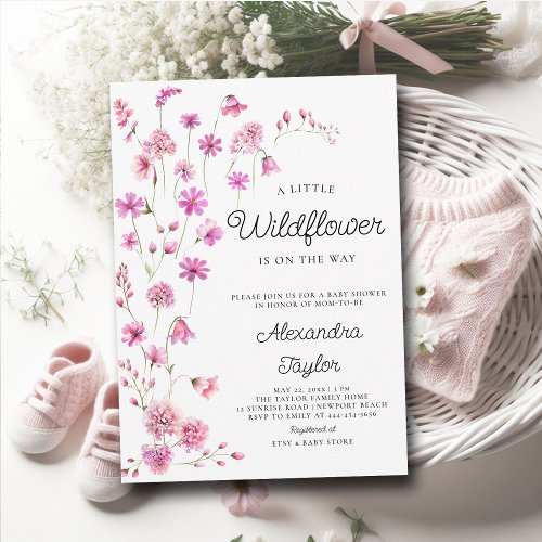 Little Wildflower Pink Whimsical Baby Girl Shower Invitation