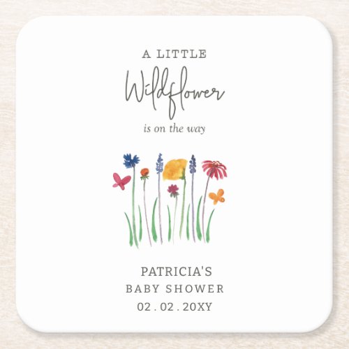 Little Wildflower Pretty Baby Girl Baby Shower Square Paper Coaster
