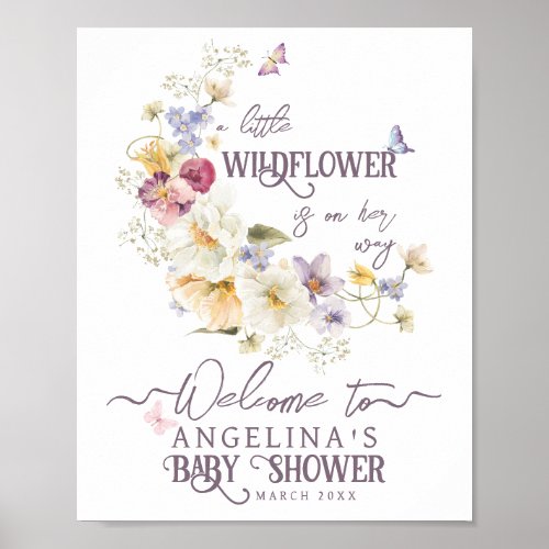 Little Wildflower rustic purple Baby Shower welcom Poster