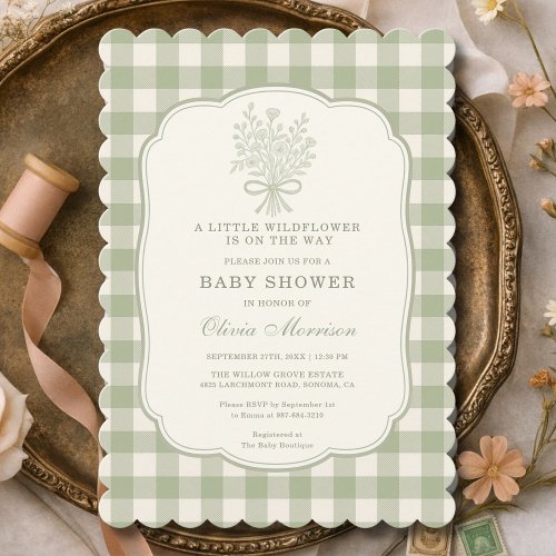 Wildflower Sage green Gingham or plaid baby shower invitation