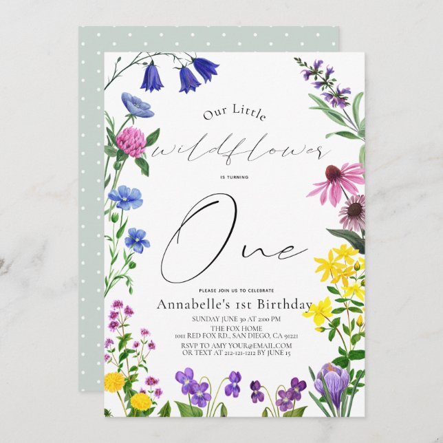 Little Wildflower Script 1st Birthday Invitation (Front/Back)