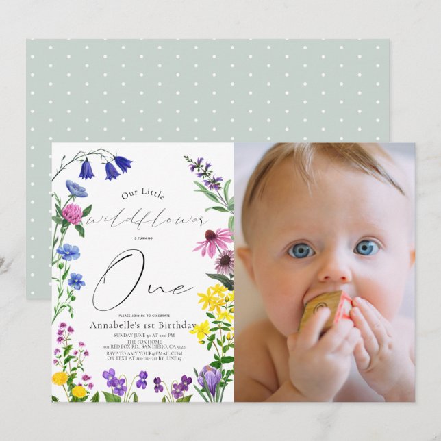 Little Wildflower Script 1st Birthday Photo Invitation (Front/Back)