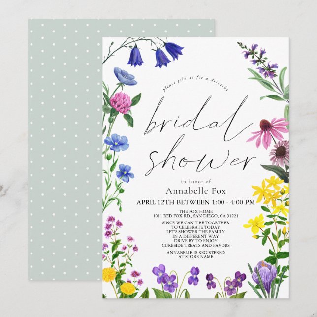 Little Wildflower Script Drive-by Bridal Shower  Invitation (Front/Back)