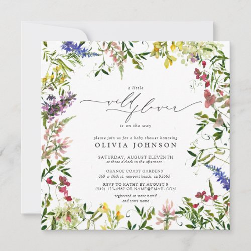 Little Wildflower Script Girl Floral Baby Shower Invitation - Create the perfect baby shower with this delicate, elegant, modern baby girl shower invitation, featuring bright, Summery hand painted watercolor wildflower artwork, hand lettered script typography, and elegant text. We hope you love it as much as we do! Contact designer for matching products. Copyright Elegant Invites, all rights reserved. 