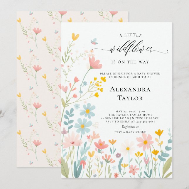Little Wildflower Script Pastels Baby Girl Shower Invitation (Front/Back)