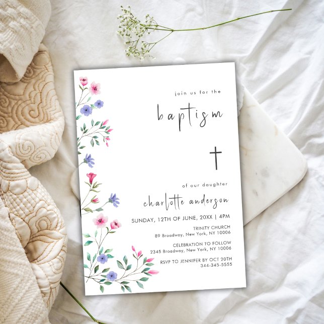 Little Wildflower Spring Cross Christening Baptism Invitation (Little Wildflower Spring Cross Christening Baptism Invitation)
