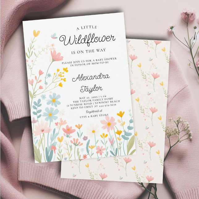 Little Wildflower Tiny Whimsical Baby Girl Shower Invitation (little wildflower on way baby girl shower invitation cottage garden whimsical yellow peach pastel)