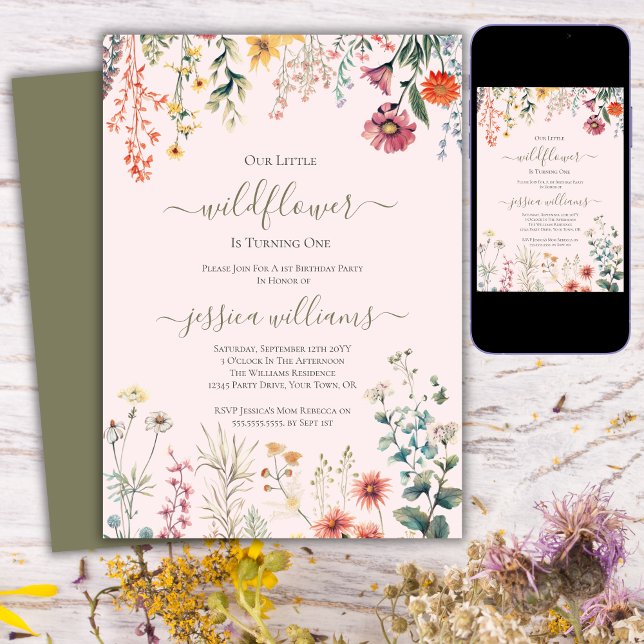 Little Wildflower Turning One Pretty 1st Birthday  Invitation (Creator Uploaded)
