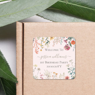 Little Wildflower Turning One Pretty 1st Birthday Square Sticker