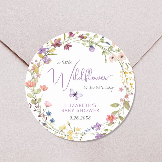 Little Wildflower Watercolor Baby Girl Shower Classic Round Sticker (Creator Uploaded)