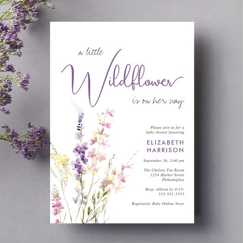 Little Wildflower Watercolor Purple Baby Shower Invitation