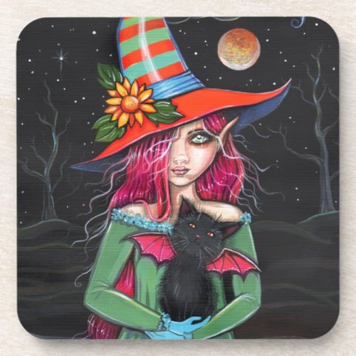Little Wings Witch and Winged Cat Halloween Art Coaster