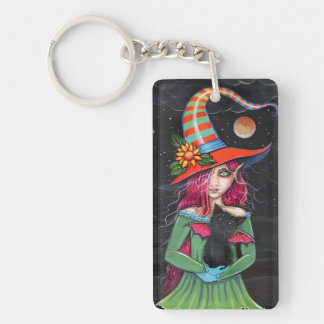 Little Wings Witch and Winged Cat Halloween Art Keychain