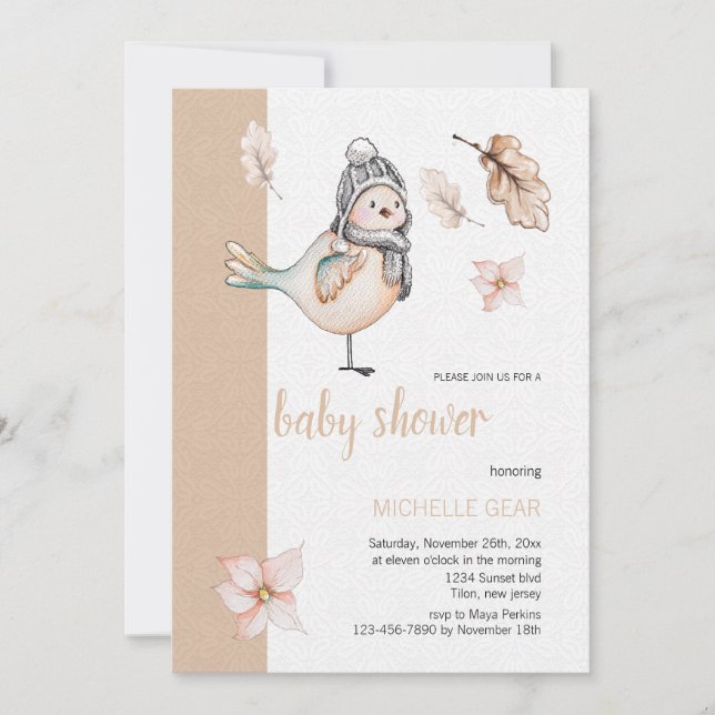 Little Winter Sparrow With Pom-pom Hat Invitation (Front)