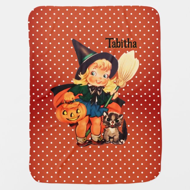 Little Witch Add Name Cute Halloween Baby Blanket (Front)