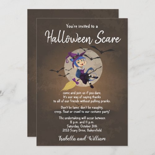 Little Witch and Bats in the Moon Halloween Party Invitation