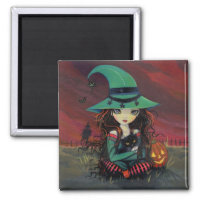 Little Witch and Black Cat Halloween Magnet