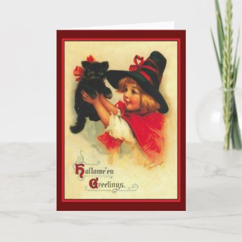 Little Witch And Black Cat Vintage Halloween Card by ForEverProud at Zazzle
