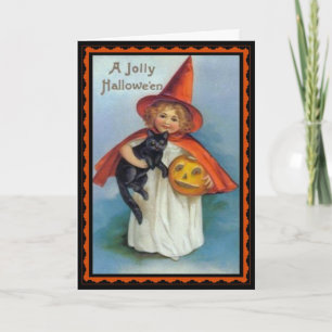 Little Witch and Black Cat Vintage Halloween Card