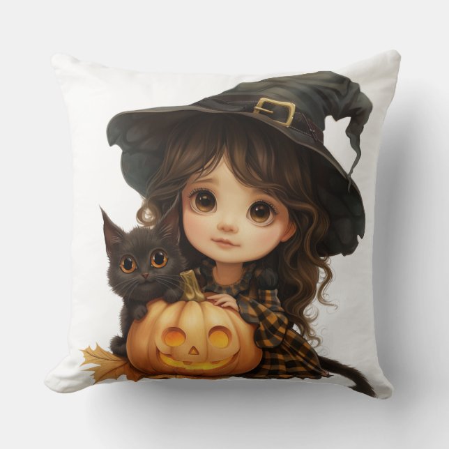 Little Witch and Cat for Kids  Throw Pillow (Front)