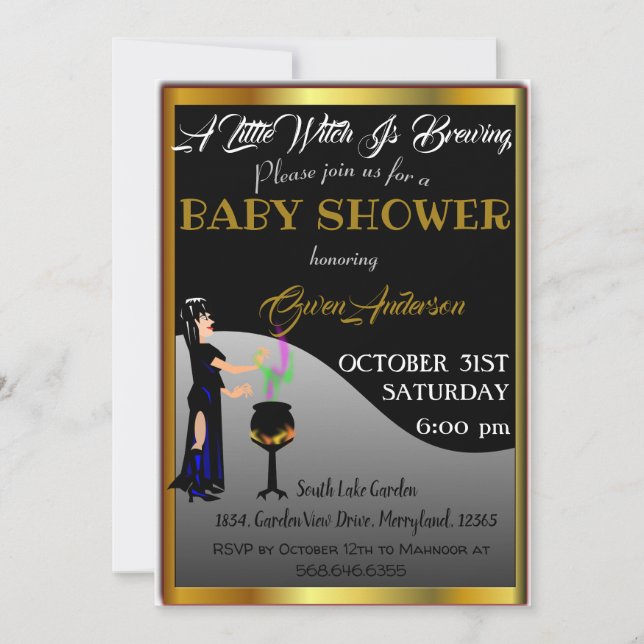 Little Witch Baby Shower Halloween Golden Border Invitation (Front)