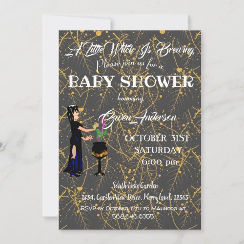 Little Witch Baby Shower Rustic Leaves Golden Invitation