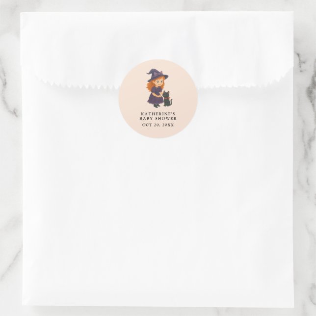 Little Witch & Cat Halloween Girl Baby Shower Classic Round Sticker (Bag)